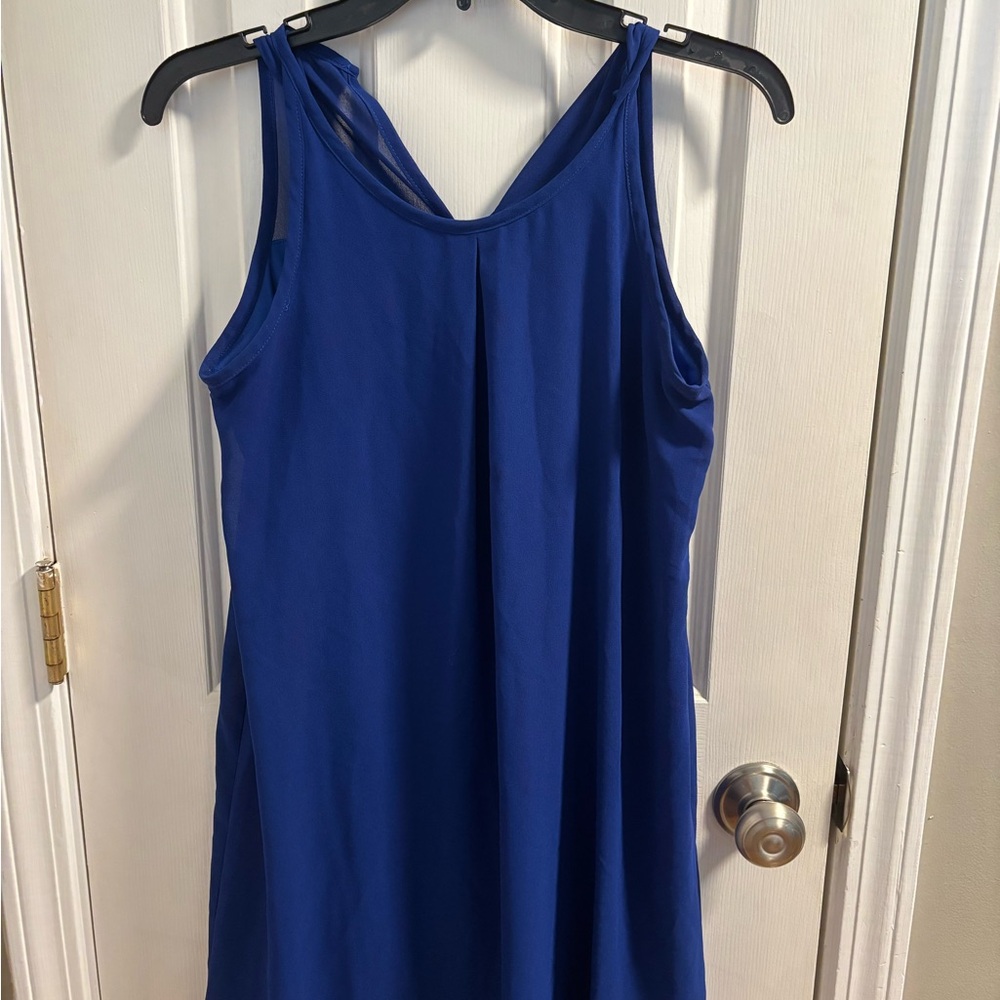 by & by Sapphire Blue Mini Dress Pleated V-Neck Mesh Strap Detail Size small EUC